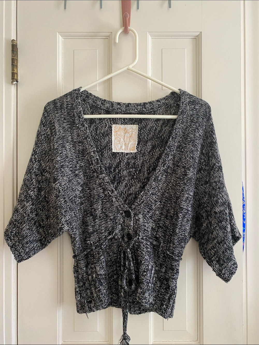 Black and Gray Marled V-Neck Button Cardigan with Tie
